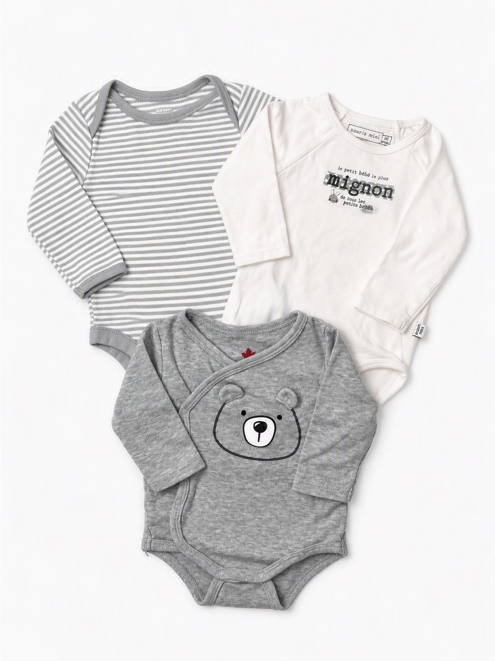 Souris Mini Old Navy Canadiana 3D Bear French Graphic Bodysuit Lot 3-Piece 0-3M